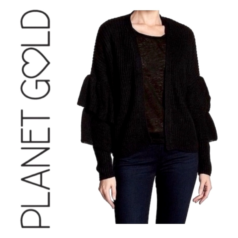 ⛸️ PLANET GOLD Black Cardigan Tiered Bell Sleeve Cardigan NWT L